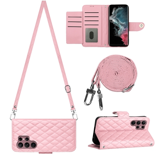 

For Samsung Galaxy S22 Ultra 5G Rhombic Texture Flip Leather Phone Case with Long Lanyard(Pink)