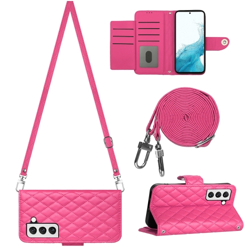 

For Samsung Galaxy S22 5G Rhombic Texture Flip Leather Phone Case with Long Lanyard(Rose Red)