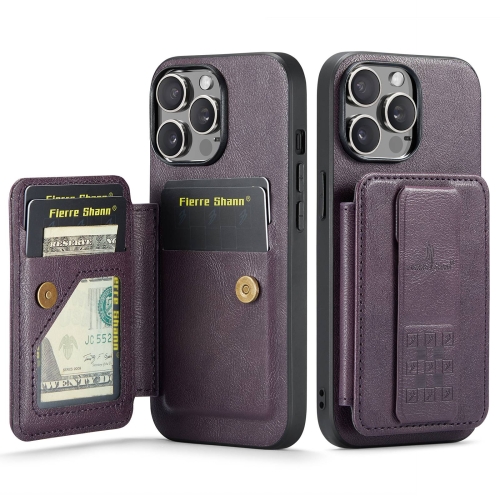 

For iPhone 14 Pro Fierre Shann Oil Wax Cow Leather Card Holder Back Phone Case(Purple)