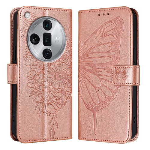 

For OPPO Find X7 Ultra Embossed Butterfly Leather Phone Case(Rose Gold)
