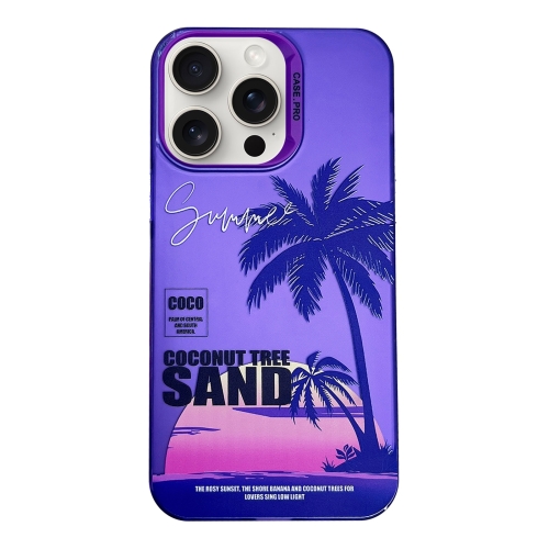 

For iPhone 15 Pro Max Creative Oil Painting Colorful Sunset Scenery TPU + PC Shockproof Phone Case(Purple Coconut Tree)