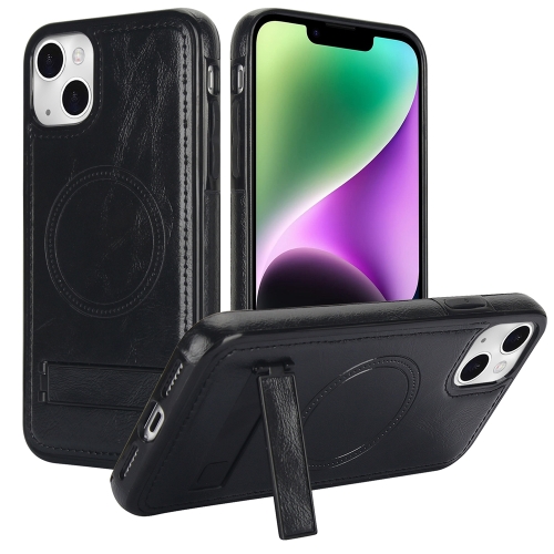 

For iPhone 14 Retro Leather Invisible Stand MagSafe Phone Case(Black)