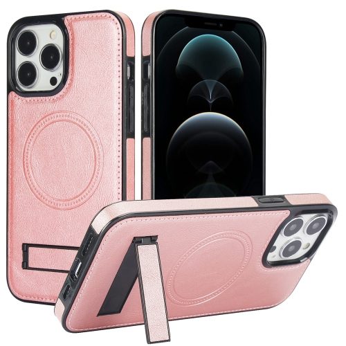 

For iPhone 12 Pro Max Retro Leather Invisible Stand MagSafe Phone Case(Rose Gold)
