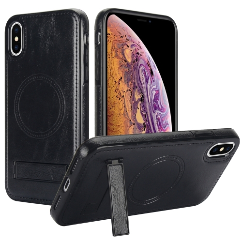 

For iPhone XS Max Retro Leather Invisible Stand MagSafe Phone Case(Black)