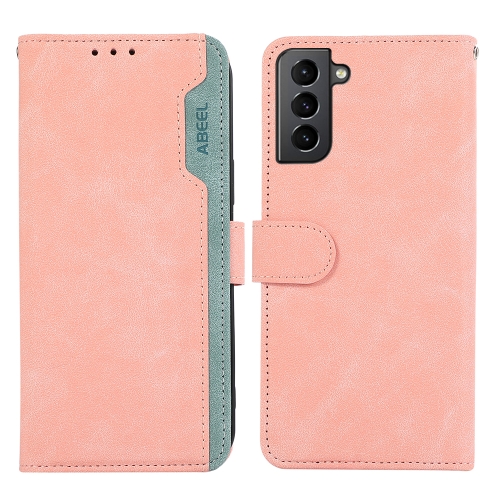 

For Samsung Galaxy S21+ 5G ABEEL Color Block Magnetic RFID Leather Phone Case(Pink-Cyan)