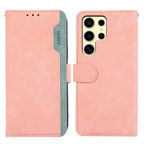 

For Samsung Galaxy S21 Ultra 5G ABEEL Color Block Magnetic RFID Leather Phone Case(Pink-Cyan)