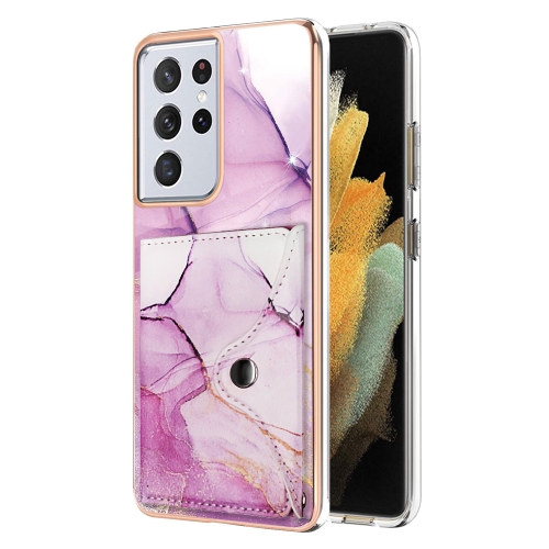 

For Samsung Galaxy S21 Ultra 5G Marble Pattern IMD Card Slot Phone Case(Pink Purple Gold)