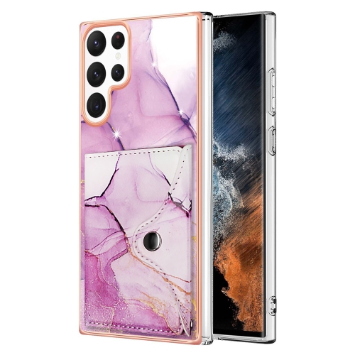 

For Samsung Galaxy S22 Ultra 5G Marble Pattern IMD Card Slot Phone Case(Pink Purple Gold)