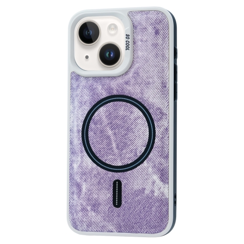 

For iPhone 14 Plus Contrast Color Denim MagSafe Magnetic Phone Case(Pink Purple)