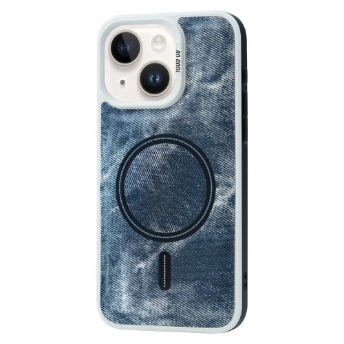 

For iPhone 14 Plus Contrast Color Denim MagSafe Magnetic Phone Case(Grey Blue)