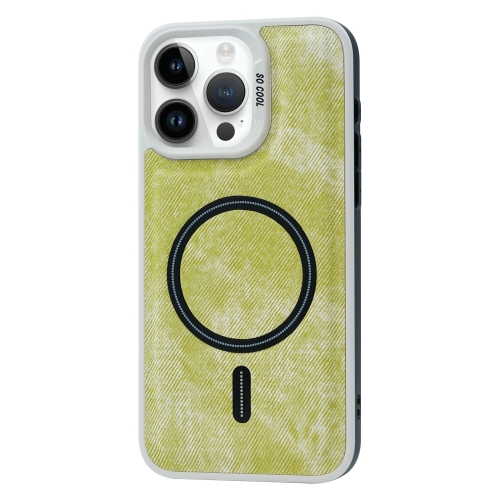 

For iPhone 15 Pro Max Contrast Color Denim MagSafe Magnetic Phone Case(Yellow Green)