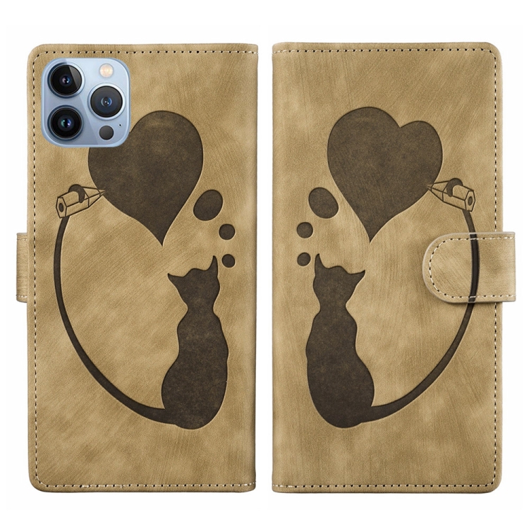 For iPhone 12 Pro Max Pen Heart Cat Embossed Leather Phone Case(Apricot) 
For iPhone 12 Pro Max Pen Heart Cat Embossed Leather Phone Case(Apricot)