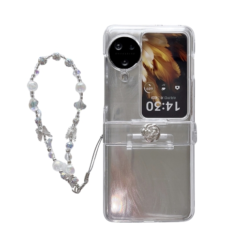 

For OPPO Find N3 Flip Skin Feel PC Feather Gauze Glitter Paper Camellia Phone Case with Bracelet(Transparent)