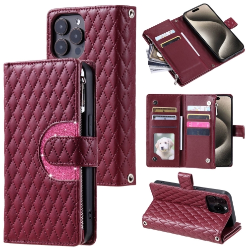 

For iPhone 13 Pro Glitter Lattice Zipper Wallet Leather Phone Case(Wine Red)
