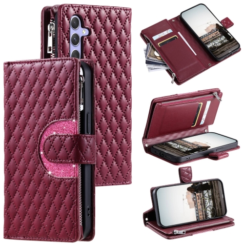 

For Samsung Galaxy S24 5G Glitter Lattice Zipper Wallet Leather Phone Case(Wine Red)