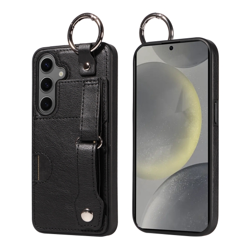 

For Samsung Galaxy S24 5G Calf Texture Wrist Card Slot Ring Phone Case(Black)