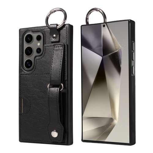 

For Samsung Galaxy S24 Ultra 5G Calf Texture Wrist Card Slot Ring Phone Case(Black)