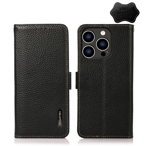 

For iPhone 15 Pro KHAZNEH Side-Magnetic Litchi Genuine Leather RFID Phone Case(Black)