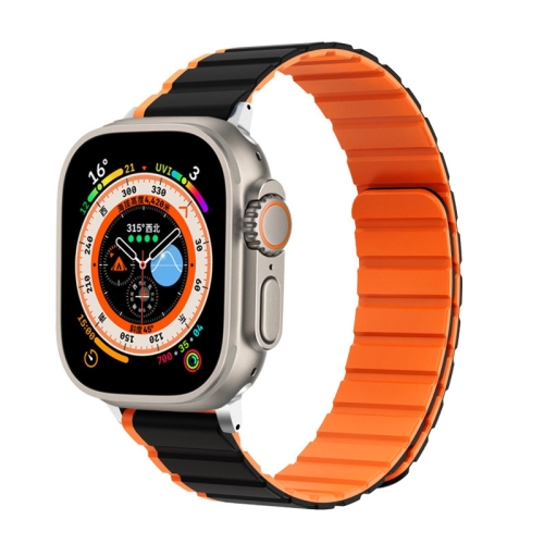 

For Apple Watch SE 2023 44mm ZGA Two Color Magnetic Silicone Watch Band(Black+Orange)