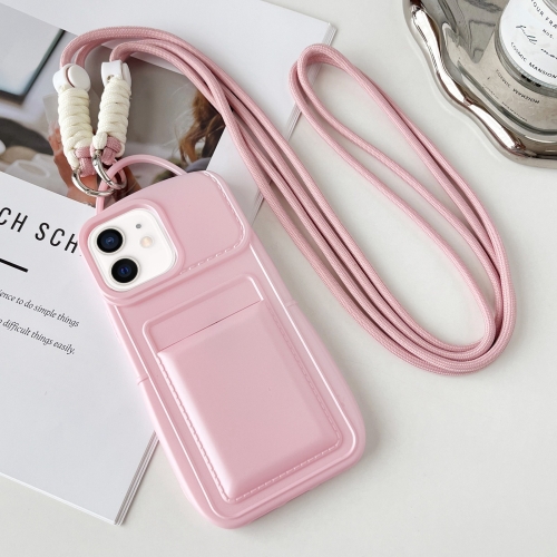 

For iPhone 11 Metallic Paint Skin Feel Full Coverage Shockproof Phone Case with Card Bag + Lanyard(Pink)