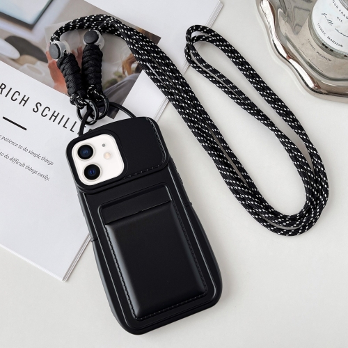 

For iPhone 12 Metallic Paint Skin Feel Full Coverage Shockproof Phone Case with Card Bag + Lanyard(Black)