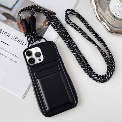 

For iPhone 13 Pro Metallic Paint Skin Feel Full Coverage Shockproof Phone Case with Card Bag + Lanyard(Black)