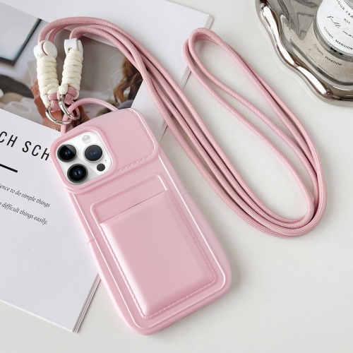 

For iPhone 13 Pro Max Metallic Paint Skin Feel Full Coverage Shockproof Phone Case with Card Bag + Lanyard(Pink)