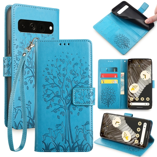 

For Google Pixel 7 Pro Tree & Deer Embossed Leather Phone Case(Blue)