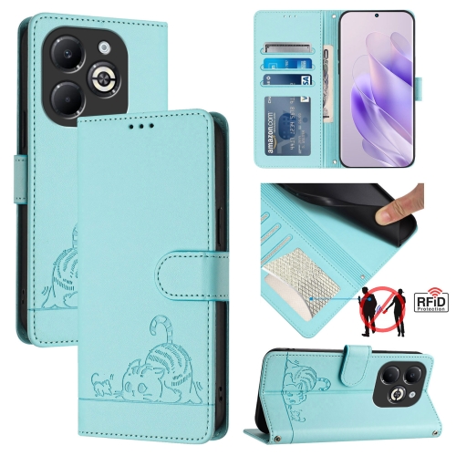 

For Infinix Smart 8 Plus / 8 Pro Cat Rat Embossed Pattern RFID Leather Phone Case with Lanyard(Mint Green)