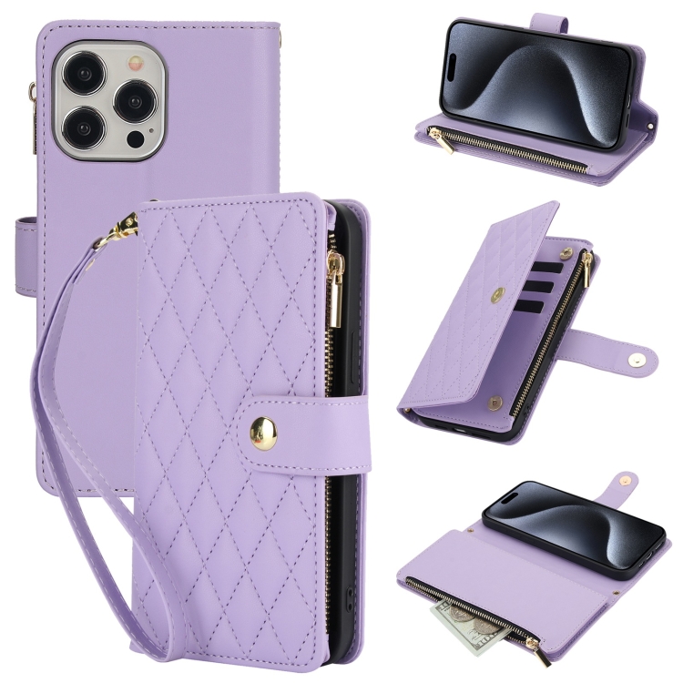 For iPhone 15 Pro YM016 Rhombic Zipper Card Wallet Leather Phone Case with Lanyard(Light Purple)
For iPhone 15 Pro YM016 Rhombic Zipper Card Wallet Leather Phone Case with Lanyard(Light Purple)