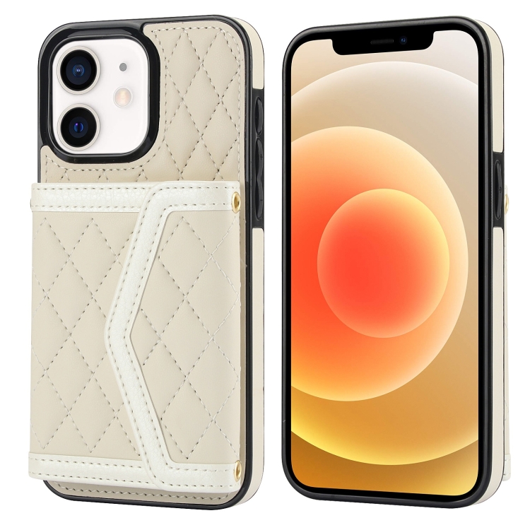 For iPhone 12 / 12 Pro Splicing Rhombic Texture Card Bag Phone Case with Long Lanyard(Beige)
For iPhone 12 / 12 Pro Splicing Rhombic Texture Card Bag Phone Case with Long Lanyard(Beige)