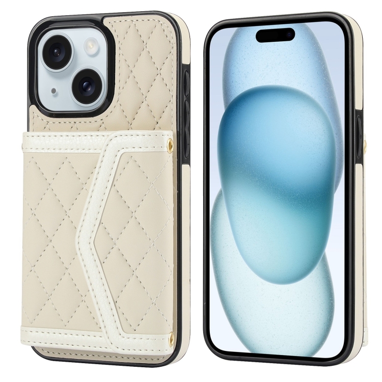 For iPhone 15 Splicing Rhombic Texture Card Bag Phone Case with Long Lanyard(Beige)
For iPhone 15 Splicing Rhombic Texture Card Bag Phone Case with Long Lanyard(Beige)