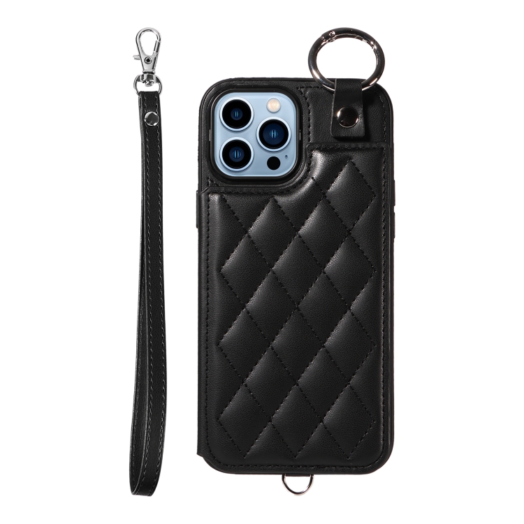 For iPhone 13 Pro Max Rhombic Texture Card Bag Phone Case with Short Lanyard(Black)
For iPhone 13 Pro Max Rhombic Texture Card Bag Phone Case with Short Lanyard(Black)