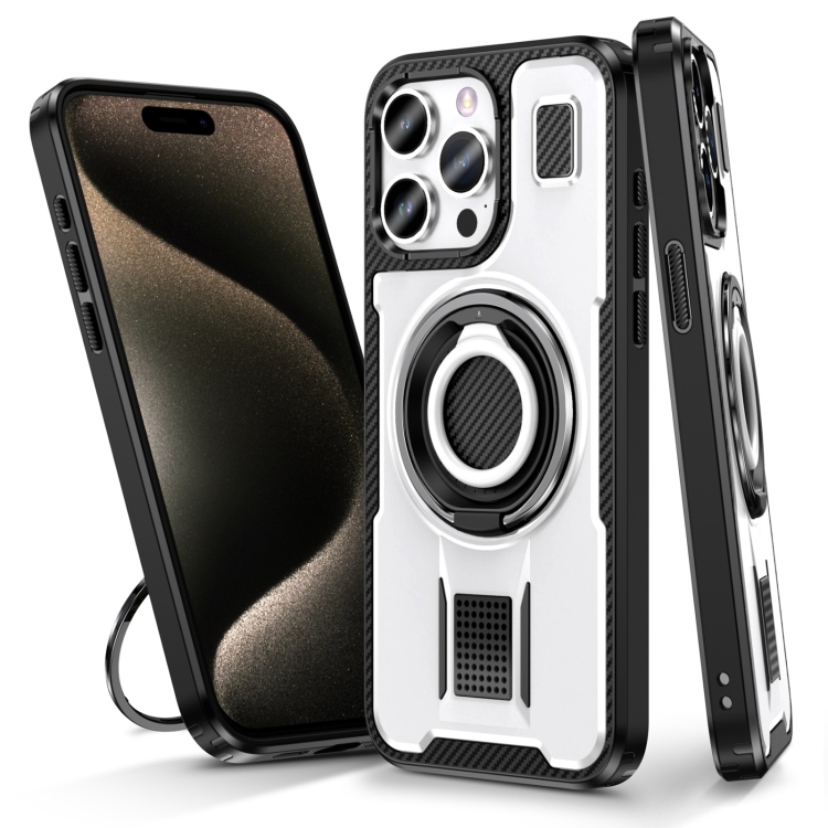 For iPhone 15 Pro Max Ring Holder Carbon Fiber PC Hybrid TPU Phone Case(White)
For iPhone 15 Pro Max Ring Holder Carbon Fiber PC Hybrid TPU Phone Case(White)