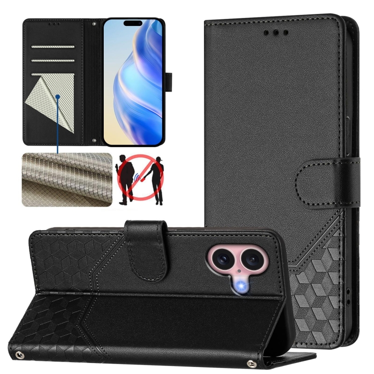 For iPhone 16 Honeycomb Embossing RFID Leather Phone Case(Black)
For iPhone 16 Honeycomb Embossing RFID Leather Phone Case(Black)