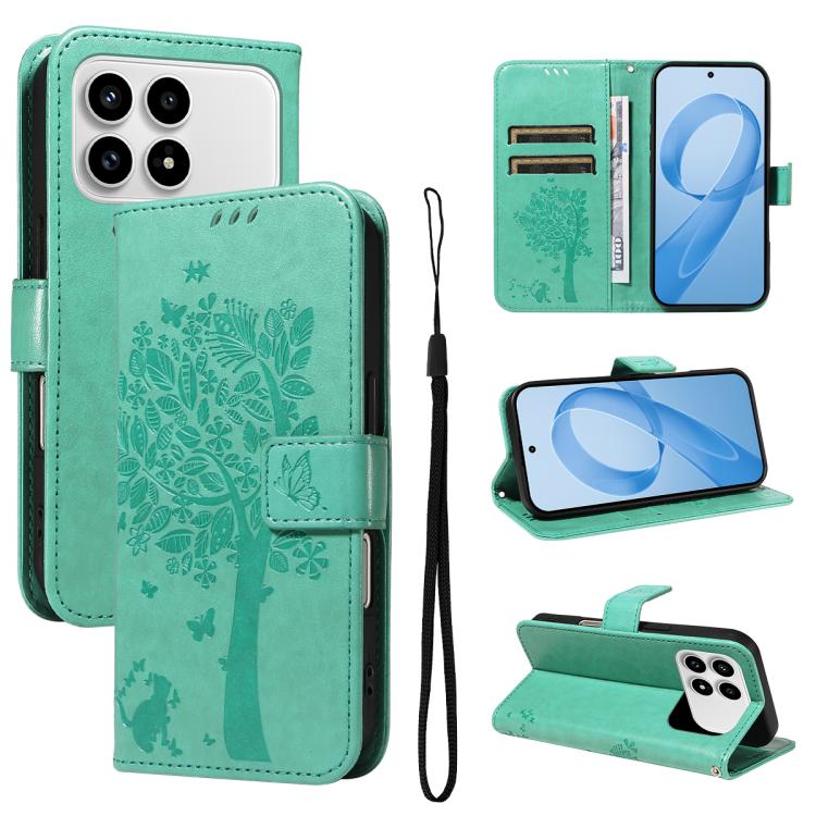 For Redmi K90 / Poco F8 Pro Tree & Cat Embossed Pattern Flip Leather Phone Case(Green)