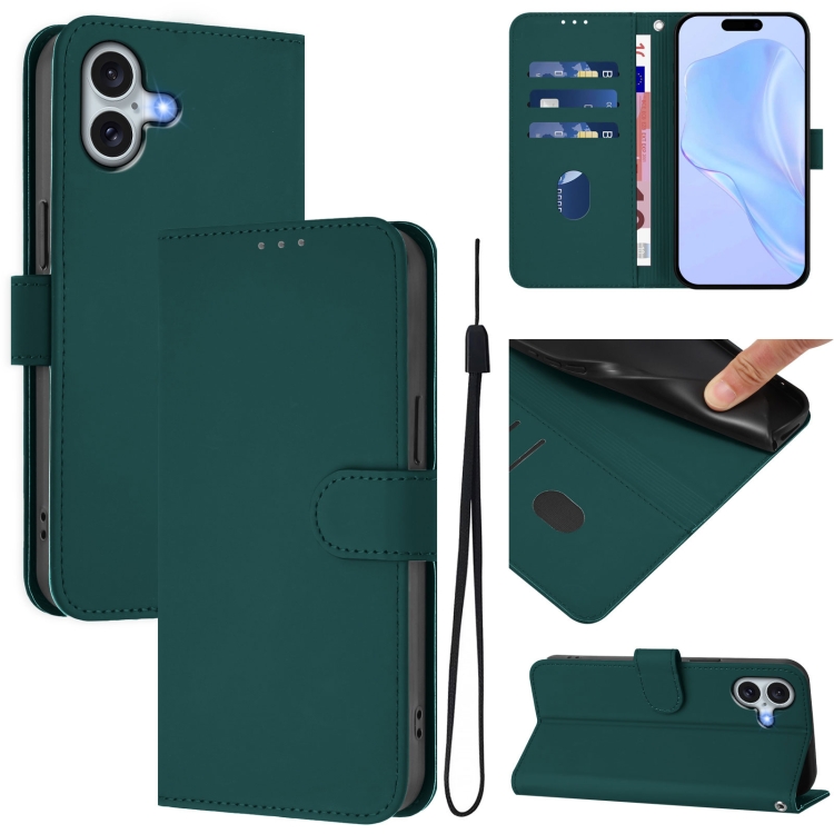 For iPhone 16 Plus Skin Feel Solid Color Leather Phone Case with Lanyard(Dark Green)
For iPhone 16 Plus Skin Feel Solid Color Leather Phone Case with Lanyard(Dark Green)