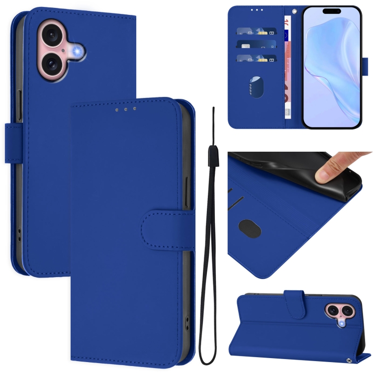 For iPhone 16 Skin Feel Solid Color Leather Phone Case with Lanyard(Dark Blue)
For iPhone 16 Skin Feel Solid Color Leather Phone Case with Lanyard(Dark Blue)
