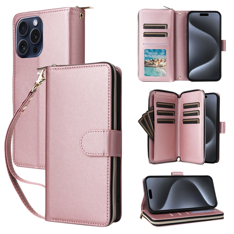 For iPhone 15 Pro Max Nine-card Slots Zipper Wallet Bag Leather Phone Case(Rose Gold)
For iPhone 15 Pro Max Nine-card Slots Zipper Wallet Bag Leather Phone Case(Rose Gold)