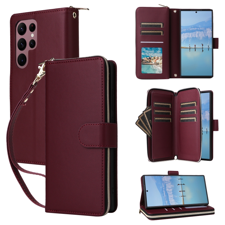 For Samsung Galaxy S22 Ultra 5G Nine-card Slots Zipper Wallet Bag Leather Phone Case(Wine Red)
For Samsung Galaxy S22 Ultra 5G Nine-card Slots Zipper Wallet Bag Leather Phone Case(Wine Red)