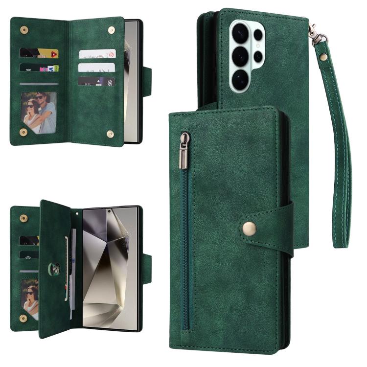 For Samsung Galaxy S26 Ultra 5G Rivet Buckle 9 Cards Three Fold Leather Phone Case(Green)
For Samsung Galaxy S26 Ultra 5G Rivet Buckle 9 Cards Three Fold Leather Phone Case(Green)