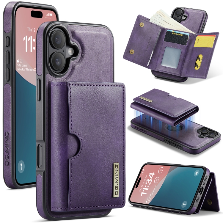 For iPhone 16 DG.MING M6 Series RFID Tri-fold Card Bag Removable Leather Phone Case(Purple)
For iPhone 16 DG.MING M6 Series RFID Tri-fold Card Bag Removable Leather Phone Case(Purple)