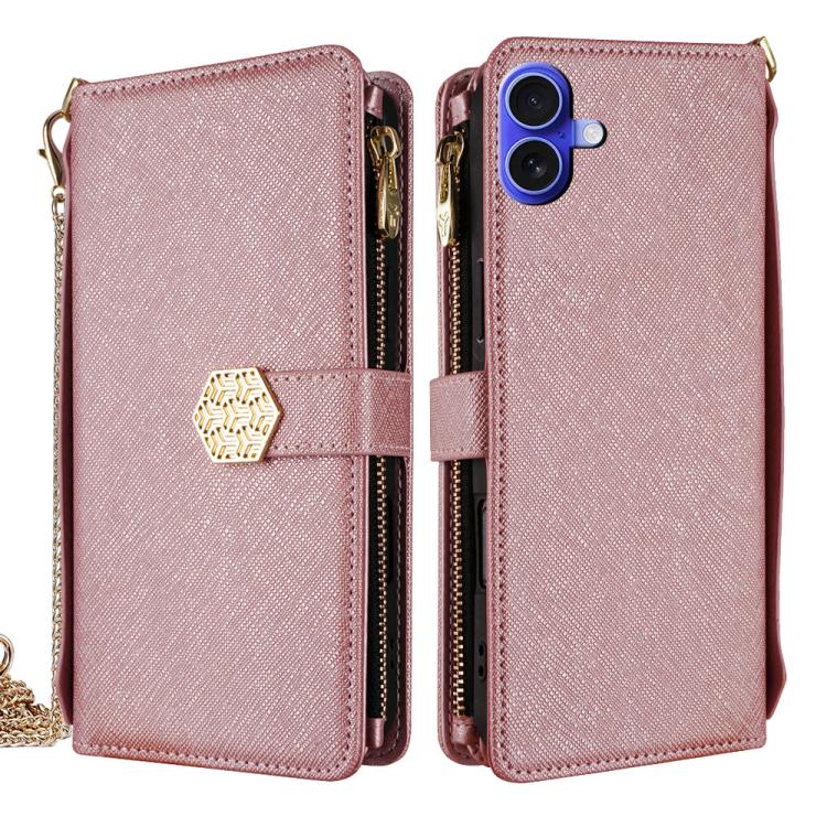 For iPhone 16 Plus Crossbody Handle Cross Texture Leather Phone Case(Rose Gold) 
For iPhone 16 Plus Crossbody Handle Cross Texture Leather Phone Case(Rose Gold)