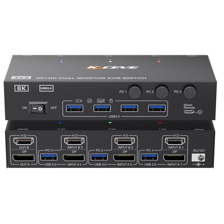 KCEVE KC-KVM302DH 8K 60Hz HDMI and DP and USB3.0 Dual Monitor KVM Switch, US Plug
KCEVE KC-KVM302DH 8K 60Hz HDMI and DP and USB3.0 Dual Monitor KVM Switch, US Plug