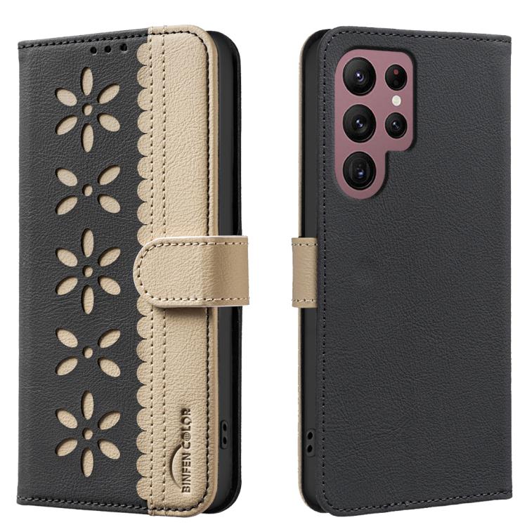 For Samsung Galaxy S22 Ultra 5G Splicing Color Hollow Flower Pattern RFID Leather Phone Case(Black)
For Samsung Galaxy S22 Ultra 5G Splicing Color Hollow Flower Pattern RFID Leather Phone Case(Black)