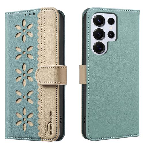 For Samsung Galaxy S23 Ultra 5G Splicing Color Hollow Flower Pattern RFID Leather Phone Case(Green)
For Samsung Galaxy S23 Ultra 5G Splicing Color Hollow Flower Pattern RFID Leather Phone Case(Green)