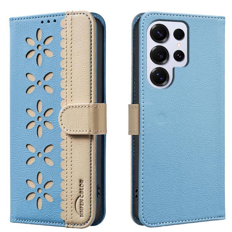 For Samsung Galaxy S23 Ultra 5G Splicing Color Hollow Flower Pattern RFID Leather Phone Case(Baby Blue)
For Samsung Galaxy S23 Ultra 5G Splicing Color Hollow Flower Pattern RFID Leather Phone Case(Baby Blue)