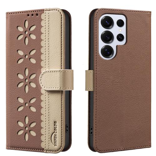For Samsung Galaxy S24 Ultra 5G Splicing Color Hollow Flower Pattern RFID Leather Phone Case(Brown)
For Samsung Galaxy S24 Ultra 5G Splicing Color Hollow Flower Pattern RFID Leather Phone Case(Brown)