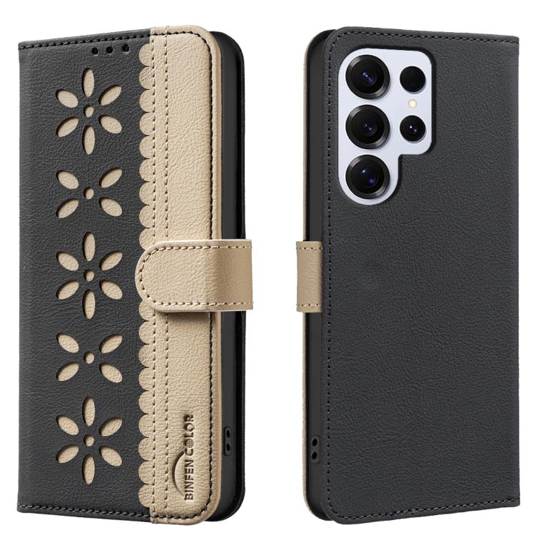 For Samsung Galaxy S25 Ultra 5G Splicing Color Hollow Flower Pattern RFID Leather Phone Case(Black)
For Samsung Galaxy S25 Ultra 5G Splicing Color Hollow Flower Pattern RFID Leather Phone Case(Black)