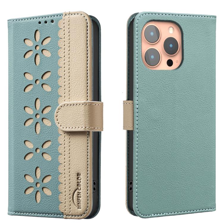 For iPhone 12 Pro Max Splicing Color Hollow Flower Pattern RFID Leather Phone Case(Green)
For iPhone 12 Pro Max Splicing Color Hollow Flower Pattern RFID Leather Phone Case(Green)